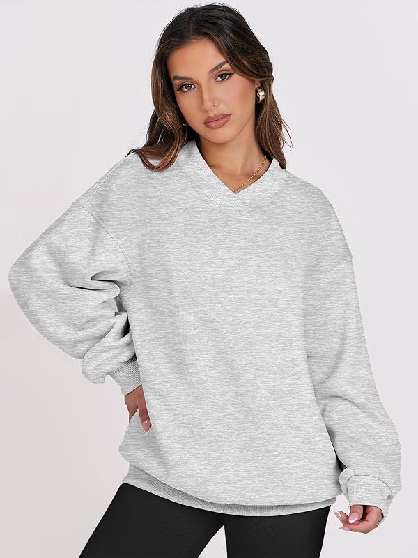 ANRABESS Women Oversized V Neck Fleece Fall Sweatshirts,Light Gray,L image 3