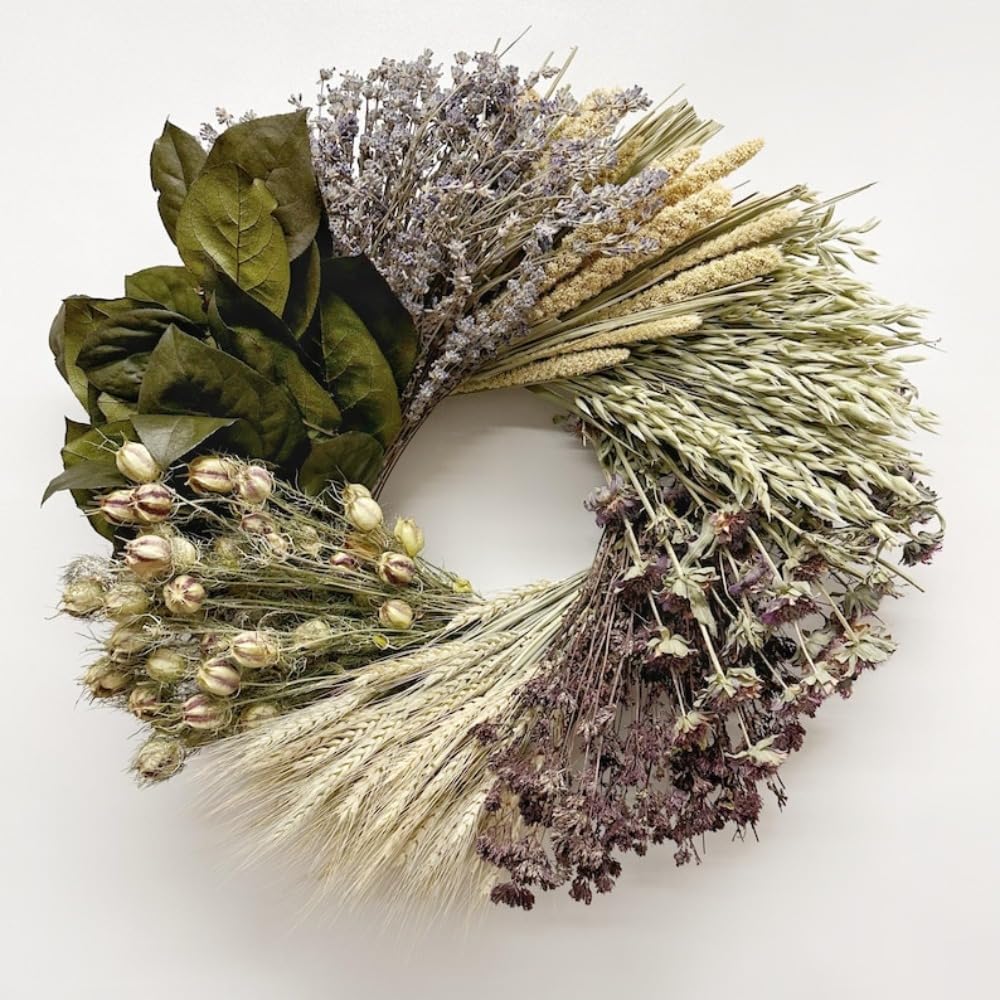 Handmade Natural Dried Flower Wreath, Lavender Oats Nigella Pods Wheat Wreath, 20 Inch Everlasting Botanical Wreath for Indoor Home Decor