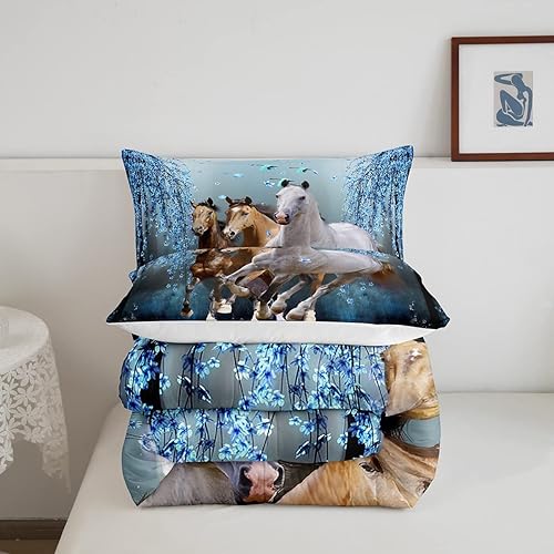Miniatura 10 de Feelyou Juego de edredón de tamaño individual con diseño de caballos, ramas de cerezo, corcel, juego de ropa de cama para niños y adolescentes,
