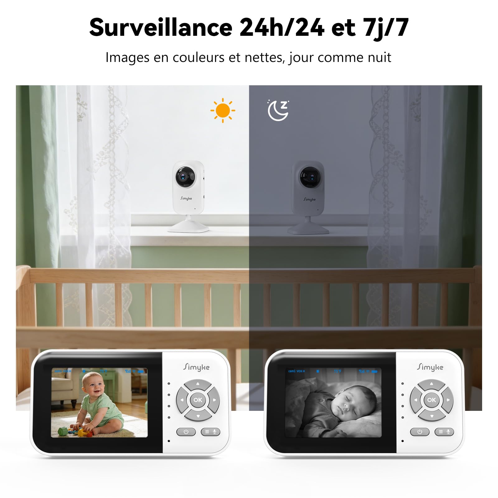 Simyke Babyphone caméra, écran IPS avec Connexion sans Fil directe, Liaison Smartphone WiFi, Vision Nocturne Automatique, Batterie 2500mAh, Mode VOX, Appel bidirectionnel, Partage Familial