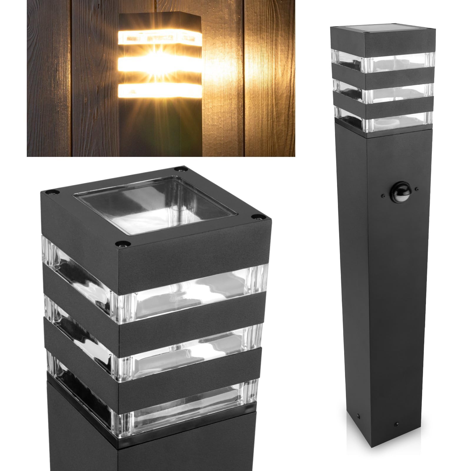 Lumiled Wegeleuchte Außen Pollerleuchte Außenstehleuchte Stehlampe Außenleuchte mit Bewegungssensor PIR Gartenleuchte Wegelampe 60cm IP44 schwarz spritzwasserdicht Aluminium E27 Fassung max 13W