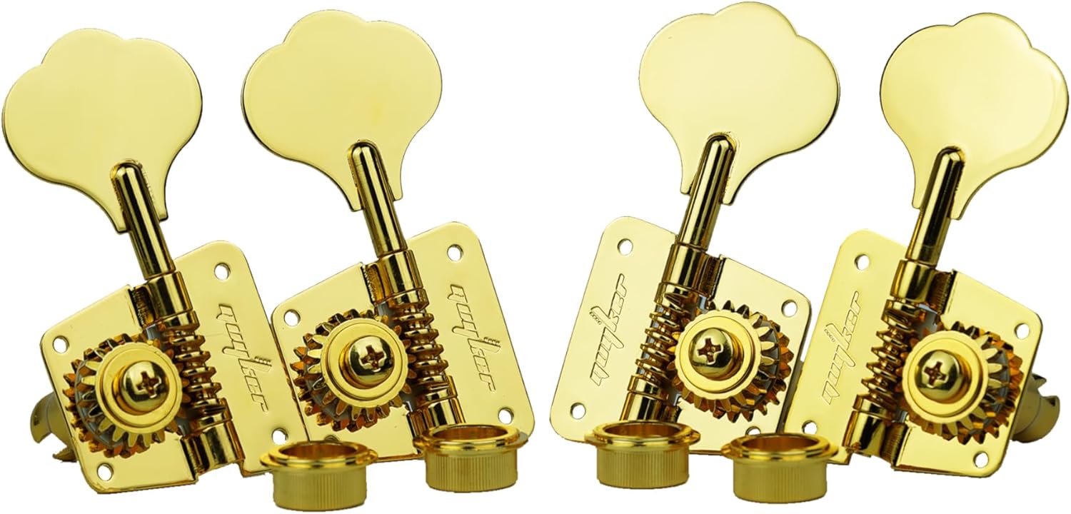 Guyker Bass Tuners (2R + 2L) - 1:20 Ratio Open Gear Tuning Key Pegs Machine Head Replacement for Electric Jazz Guitar Bass or Precision Instruments - GK530 Gold