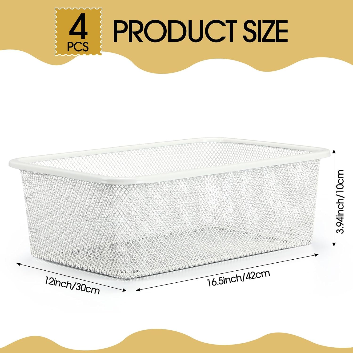 4 Pack Metal Mesh Storage Baskets, Metal Wire Organizer Bins, Stackable Pantry Containers for Kitchen, Cabinet, Fridge, Closet, Bathroom, Makeup and Home Organization(White,Large)