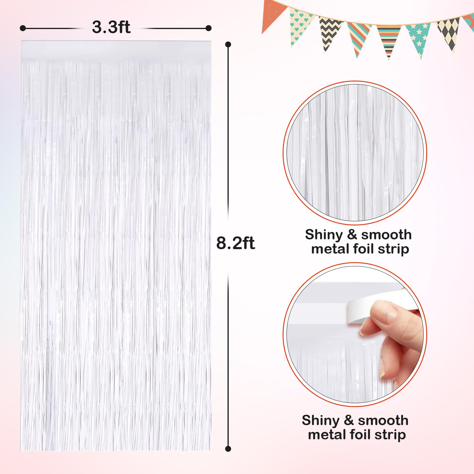 White Metallic Tinsel Foil Fringe Curtains, 2 Pack 3.3x8.3 Feet Streamer Backdrop Curtains for Birthday Party Decorations, Halloween Decor, Foil Curtain Backdrop for Bachelorette Party