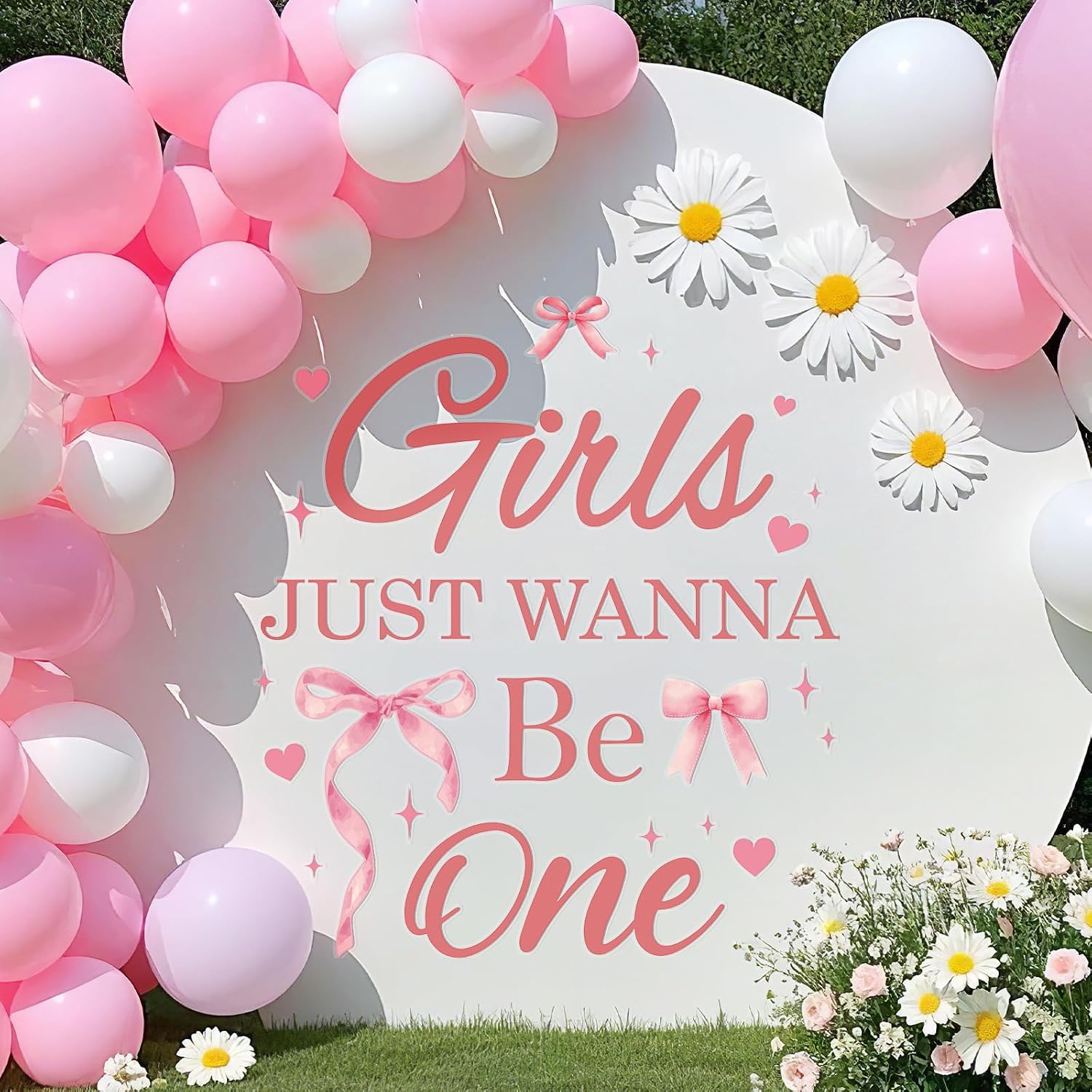 Girls Just Wanna Be One Decal - Pink Bow Backdrop Yard Signs For Girl Outdoor First Birthday Party, Sweet Ones Theme BDAY Parties Decorations Sticker Sign(Only Sticker)