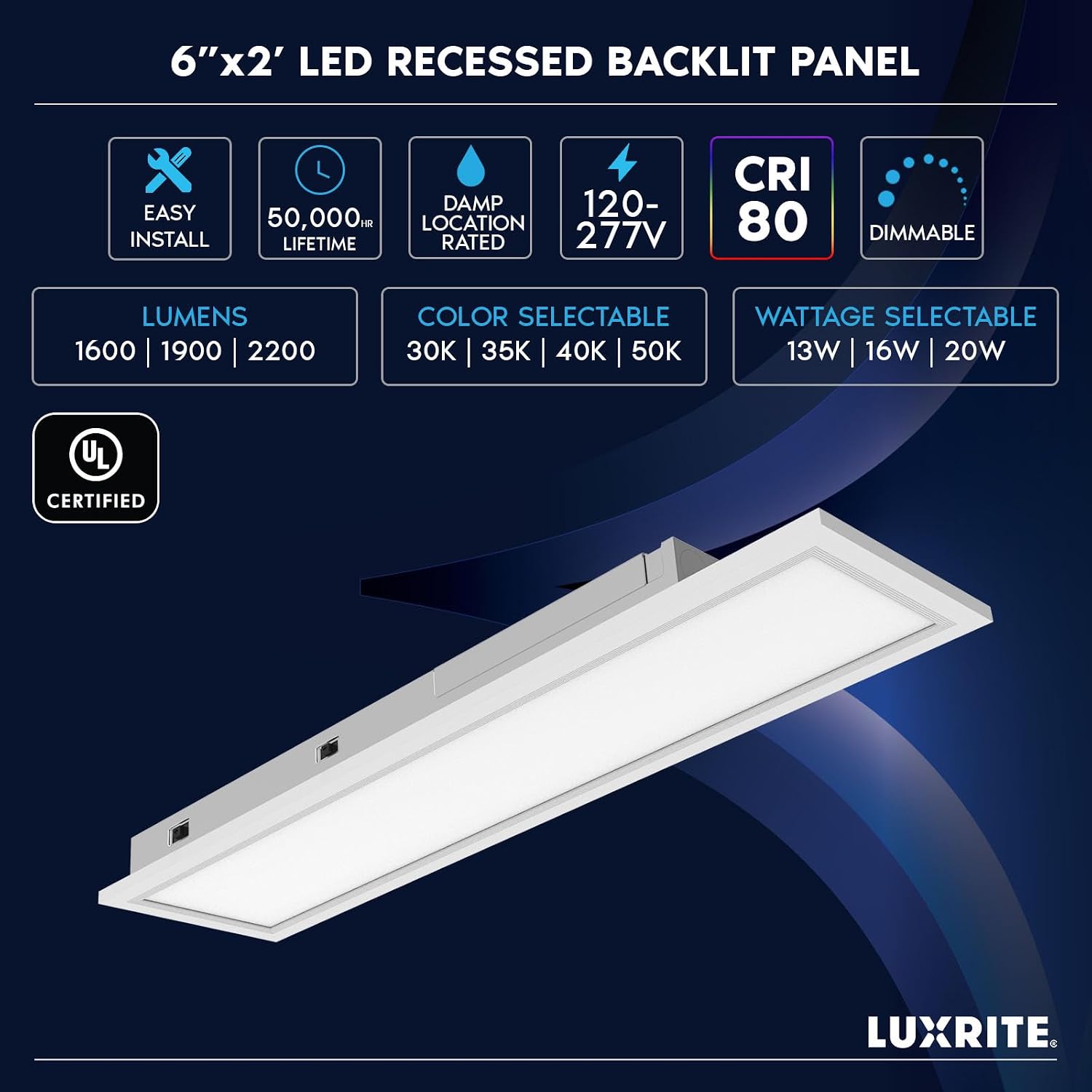 LUXRITE 6x2 FT LED Recessed Backlit Panel, 4CCT Color Selectable 3000K 3500K 4000K 5000K, Wattage Selectable 13W/16W/20W, Up to 2200LM, LED Drop Ceiling Lights, 0-10V Dimmable, DLC & UL (4 Pack)
