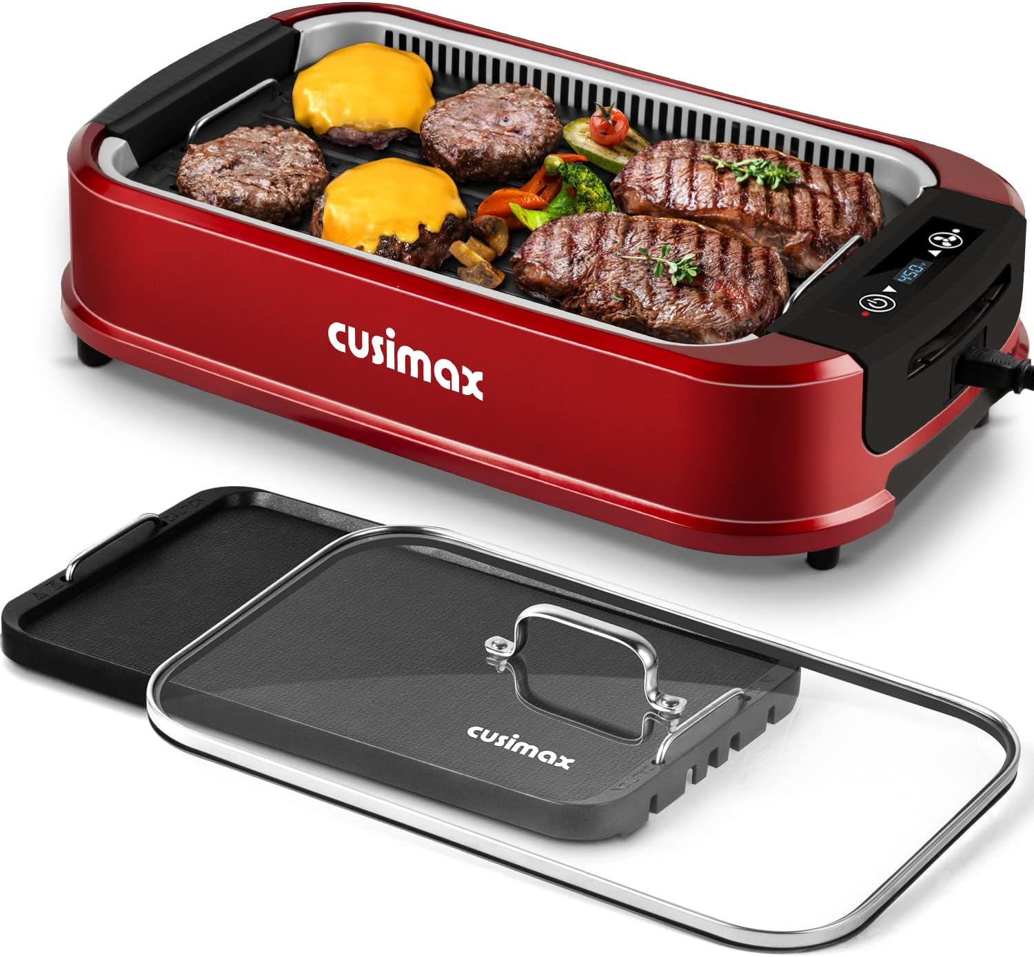Indoor Grill, CUSIMAX Smokeless Grill Indoor, Electric Griddle, 1500W Korean BBQ Grill with LED Smart Display & Tempered Glass Lid, Non-stick Removable Plate & Griddle Plate, Red