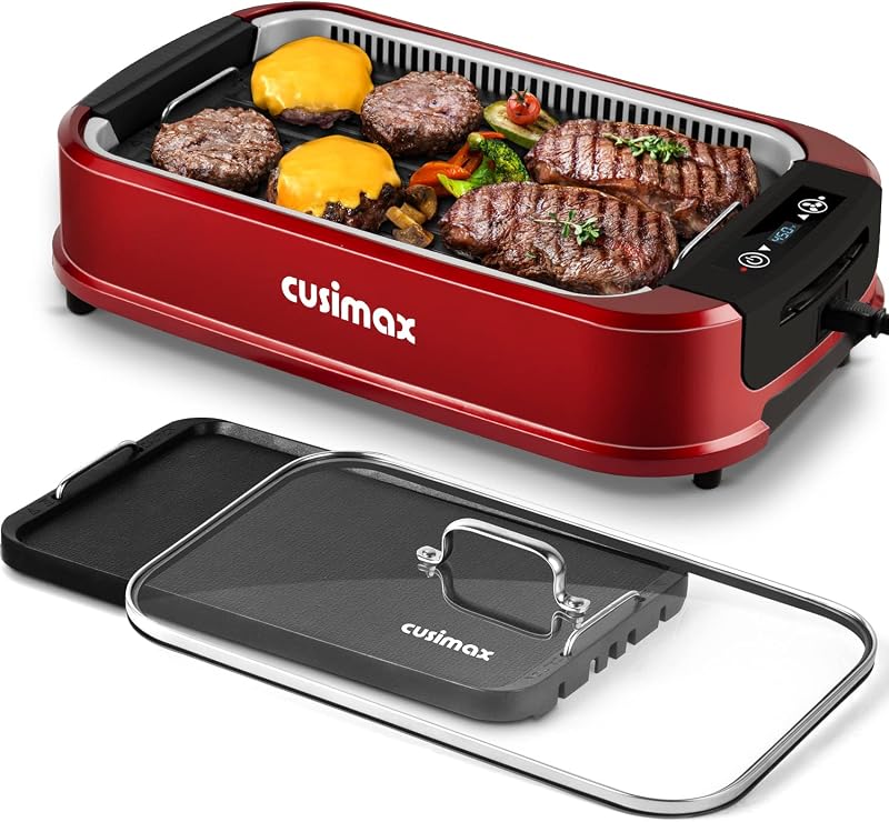 Indoor Grill, CUSIMAX Smokeless Grill Indoor, Electric Griddle, 1500W, Red | with Smart LED Display & Tempered Glass Lid, Non-stick Removable Plate & Griddle Plate, Adjustable Temperature, Easy Cleanup