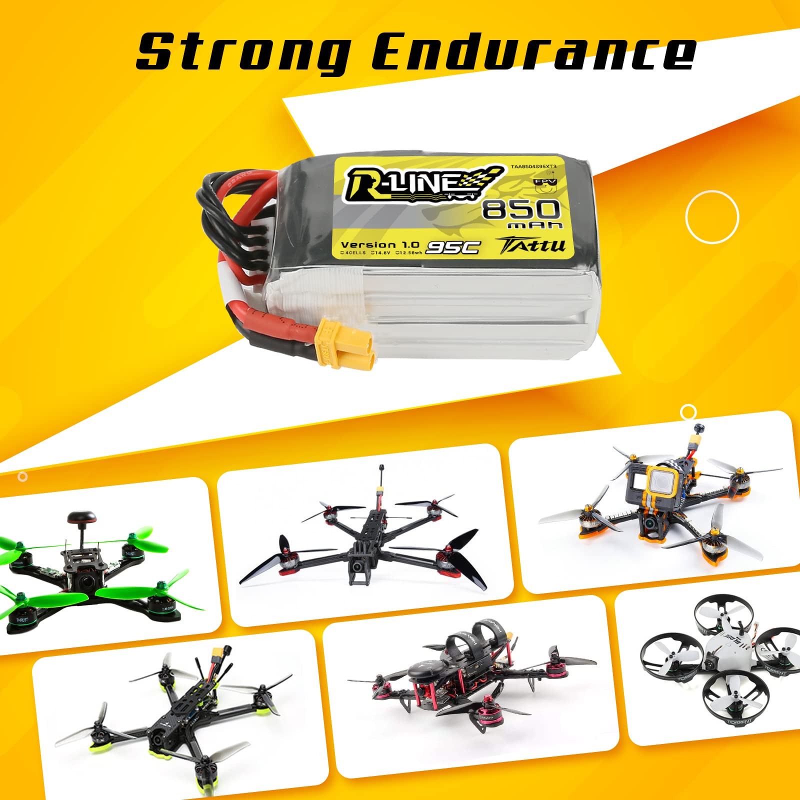 Tattu 4S Lipo Baterias 4S 850mAh 14.8V 95C Lipo Battery R-Line Series Pack con Conector XT30 es Adecuado para multirotor FPV de tamaño 100 a 180