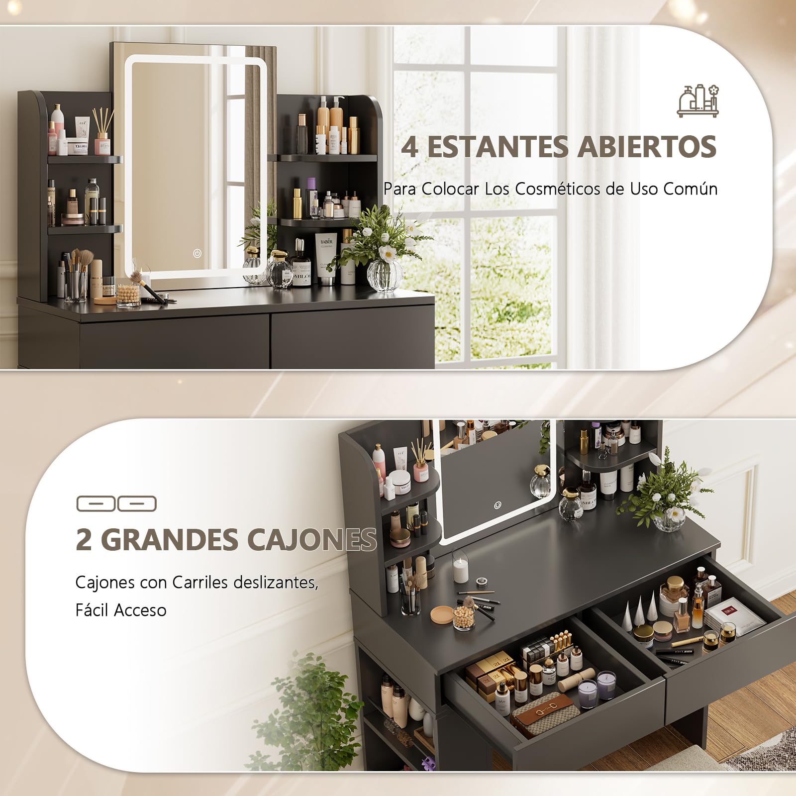 TRIUMPHKEY Tocador de Maquillaje con Espejo LED Regulable, Mesa de Maquillaje con 2 Cajones y Taburete, 90x40x135 cm, Negro