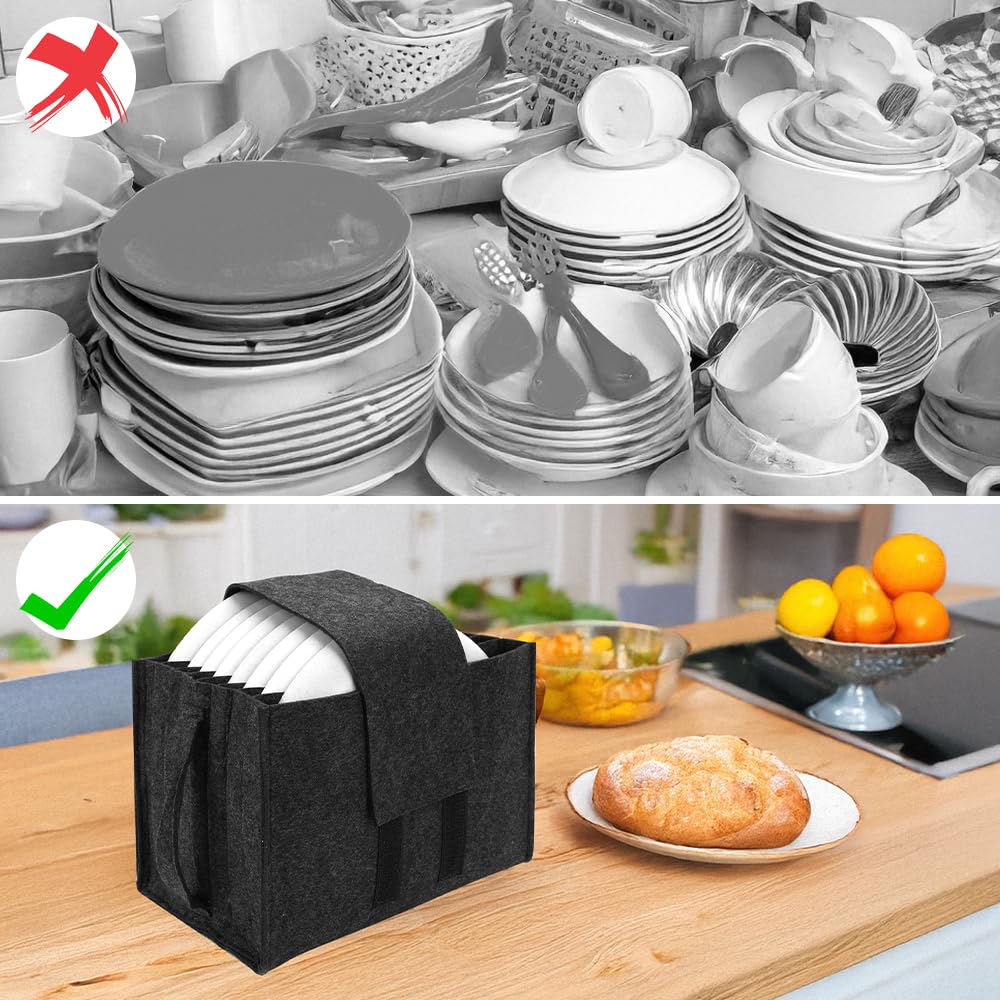 Lot de 2 porte-assiettes en verre pour caravane, camping-car, cuisine, camping, avec 8 compartiments pour assiettes et 6 porte-gobelets, sac de rangement de vaisselle en feutre avec poignées pour