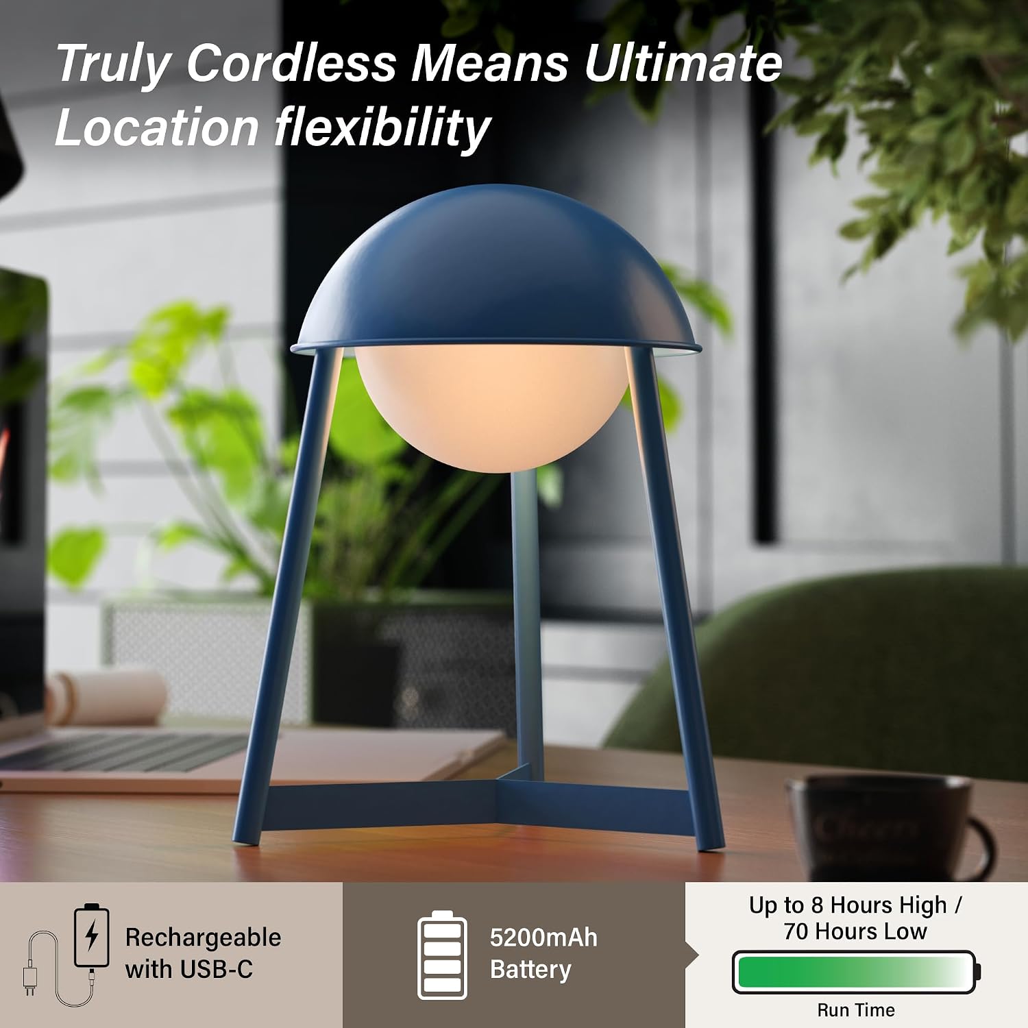 Bulbrite K70104 Kibun Helmet Rechargeable Cordless LED Table Lamp, 3-Levels Brightness Touch Sensor Control, Avalon