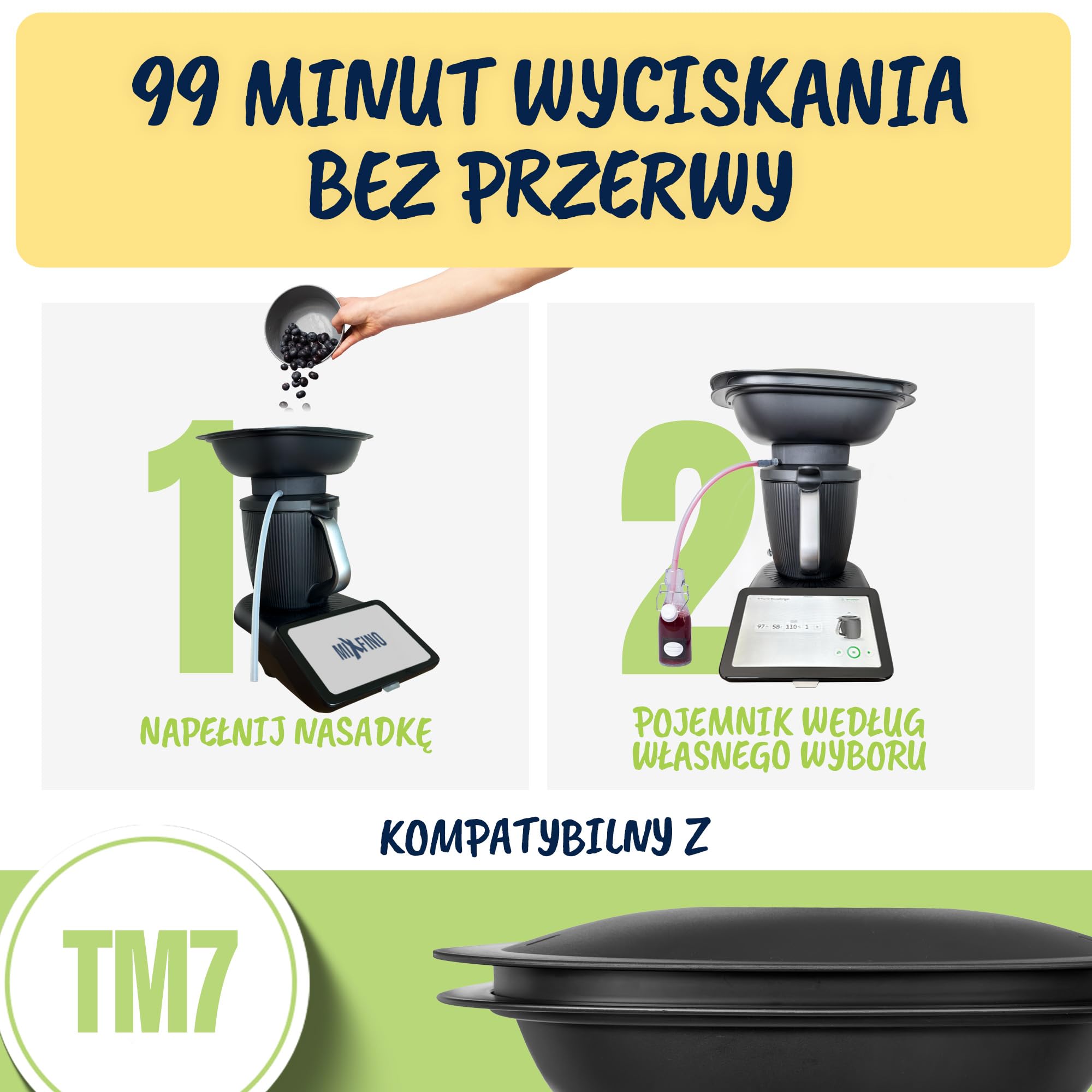 MixFino Sokownik Parowy do Thermomix TM7 – Sok z Owoców i Warzyw | Nasadka tylko do Thermomix TM7 · PP i silikon platynowy, do żywności · do 2 kg owoców na sok i galaretki · e-book przepisów