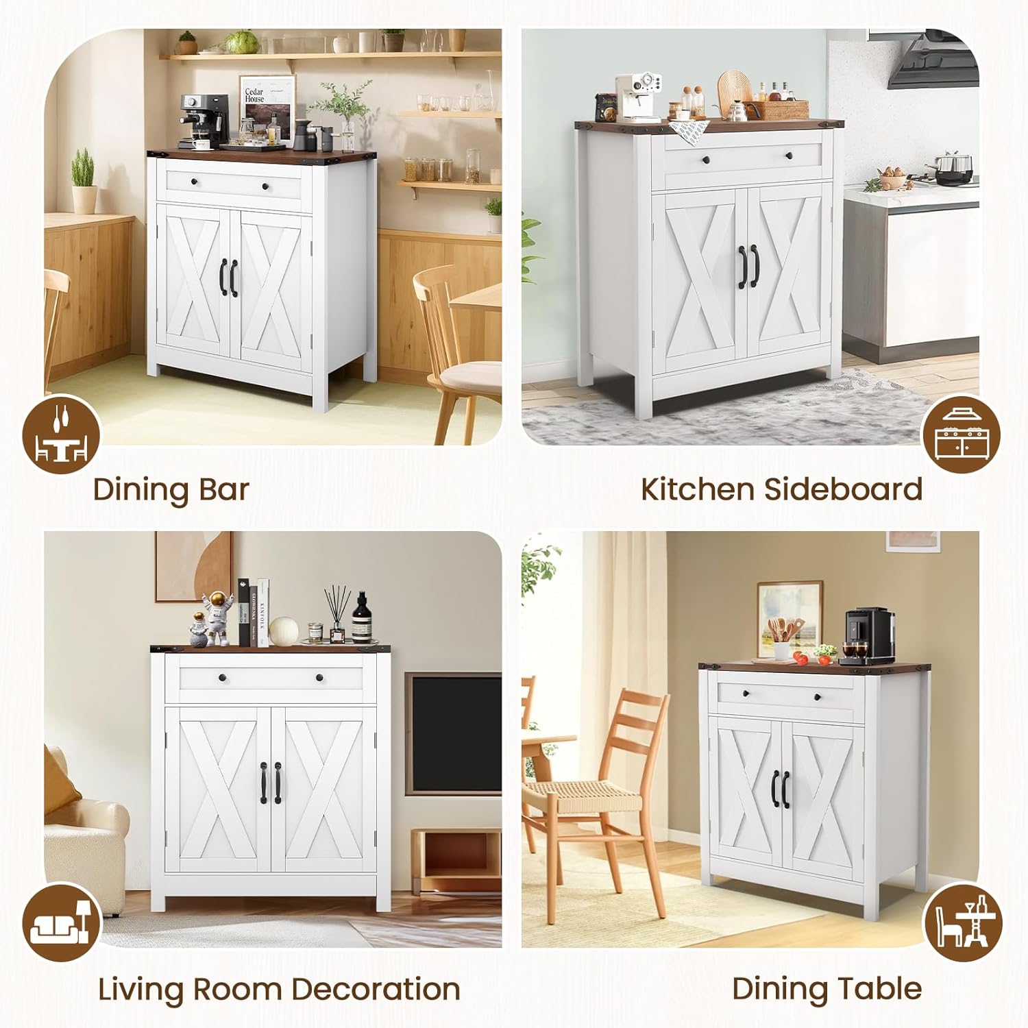 30" Coffee Bar Station, Kitchen Sideboard Buffet Cabinet with a Drawer and Adjustable Shelf, Modern Farmhouse Storage Cabinet for Kitchen, Living Room, Entryway, White