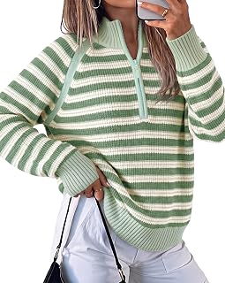 Fisoew Sweaters for Women Half Zip Striped Pullover Ribbed Knit Tops