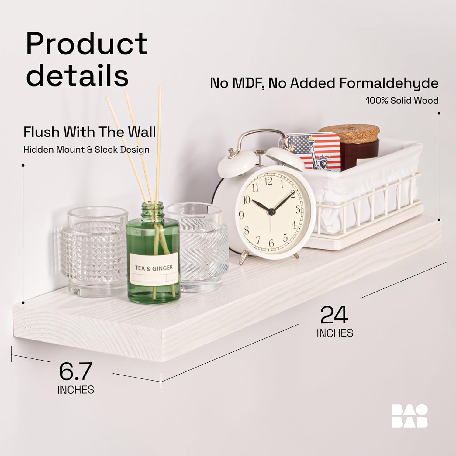 BAOBAB WORKSHOP Wood Floating Shelves for Bathroom Wall - White Shelves for Bedroom Kitchen Living Room - Solid Wood Shelves - White - 24 x 6.7 Inch, Set of 2