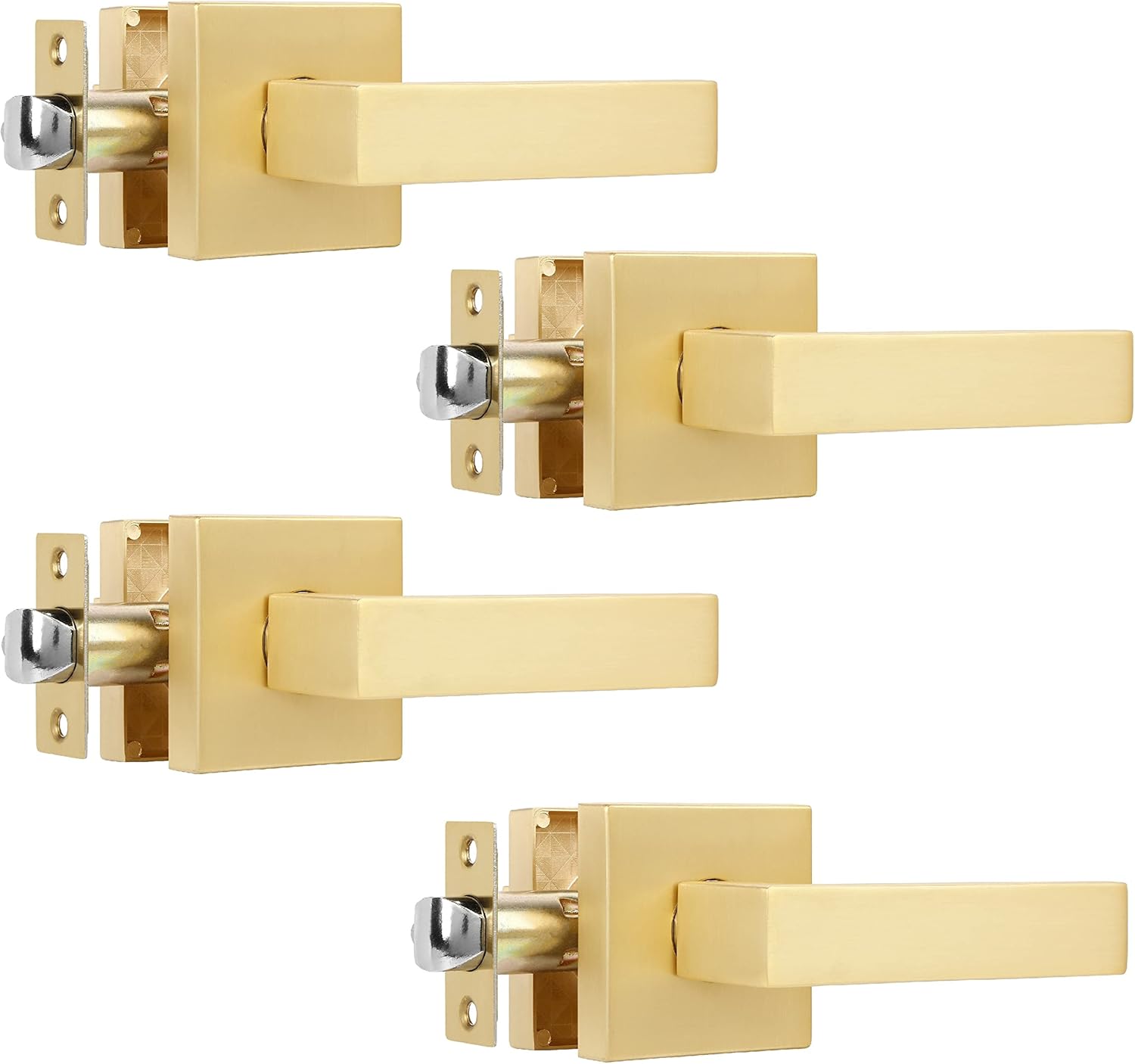 4 Pack Passage Heavy Golden Door Handles,Left and Right Hand Universal, Stain Brass Square Door Handle for Corridor/Hall/Closet/Wardrobe,Residential/Commercial