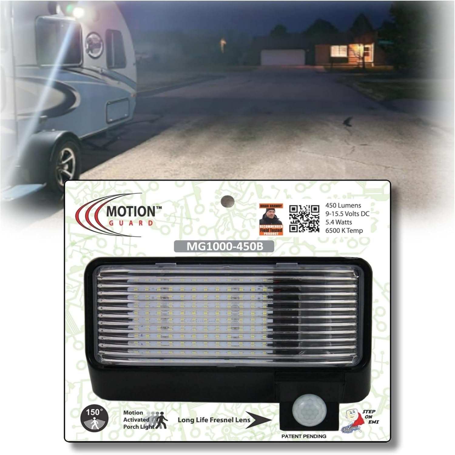 MG1000-450B RV Exterior LED Motion Sensor Porch Light, 450 Lumens Security Floodlight Replacement, IP65 Waterproof, EMI Suppressed - Black