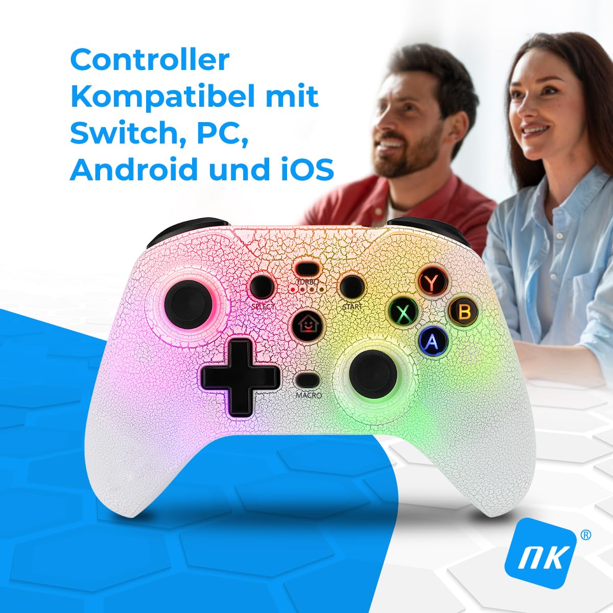 NK Kabellose Switch-Fernbedienung, RGB-LED, verstellbar, Switch/PC/Android/iOS, Turbo-Funktion, Makro-Einstellungen, Bluetooth, 6 Achsen, 4 Vibrationsmodi, Weiß (Smartphone-Halterung)