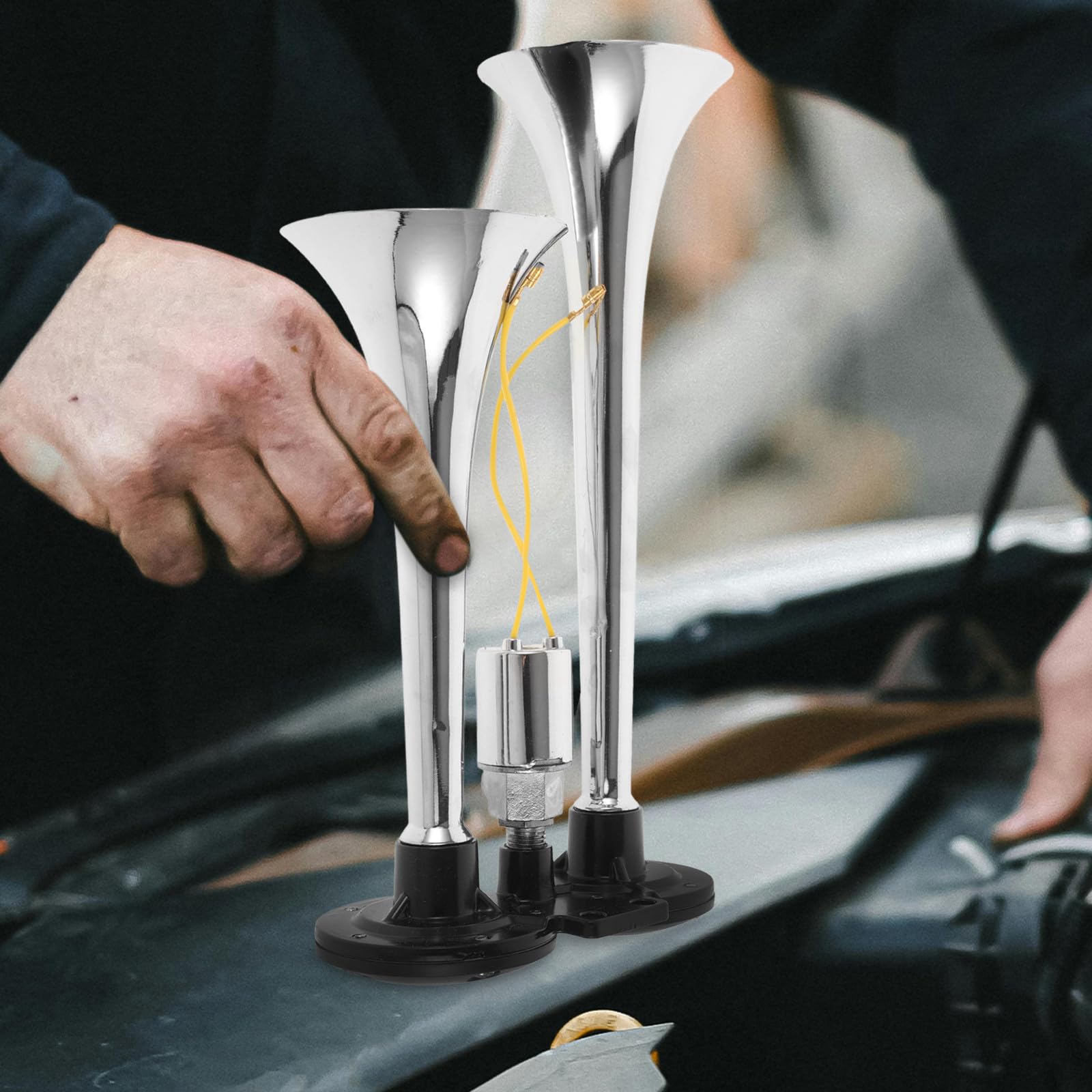 Bocina de Aire para Camión y Coche, Eléctrica de 2 Trompetas, Compatible Motocicletas y Furgonetas, Doble Tubo, Resistente y Fácil de Instalar para Uso Automotor y Marítimo