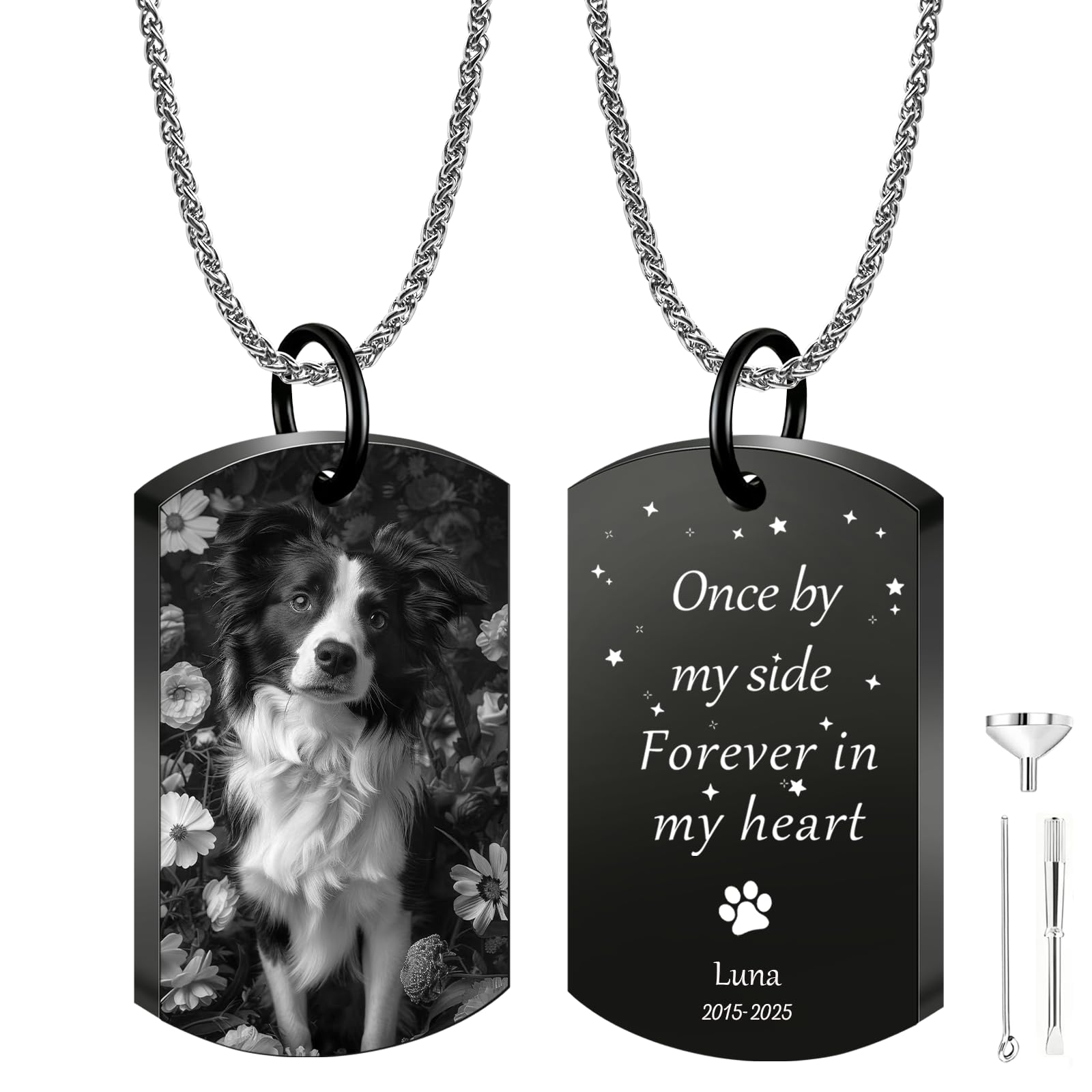 Iwe Personalised Dog Ashes Necklace – Custom Pet Ashes Necklace with Photo and Text Memorial Keepsake for Dog Loss (Black-JG-2)