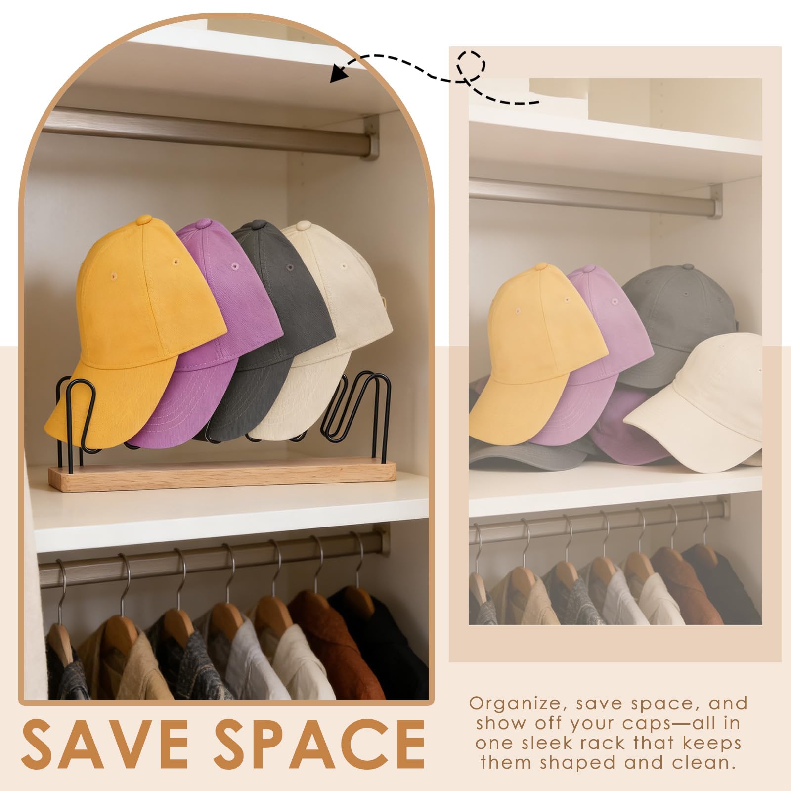 Organizador de sombreros 2 piezas para 14 gorras de béisbol, bandeja de madera maciza y metal, sin instalación