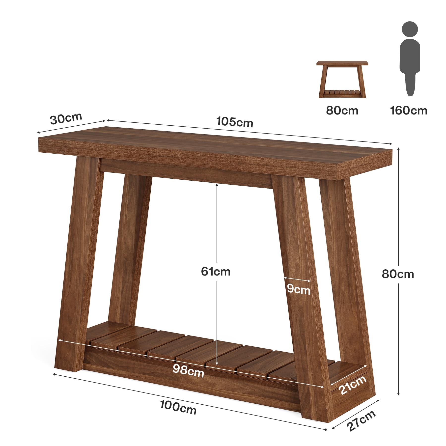 Tribesigns Mesa consola de 105 cm, estrecha mesa de pasillo con 2 estantes, mesa consola rústica de madera, mesa de entrada para pasillo, salón, entrada, mesa de sofá, color marrón