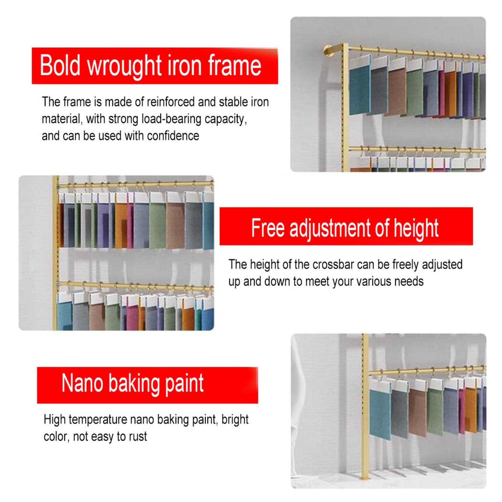Generico Espositore da Parete in Tessuto Dorato - Espositore per Campioni di Tessuti per la casa con Tende Aperte, Porta Sciarpe per Scialli, Lenzuola e Tende, Design in Metallo Commerciale - 300x25x