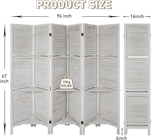 Miniatura 30 de Babion Divisor de habitación de 6 paneles, divisor de habitación de madera con estantes, separadores de habitación portátiles de 5.6 pies y 6
