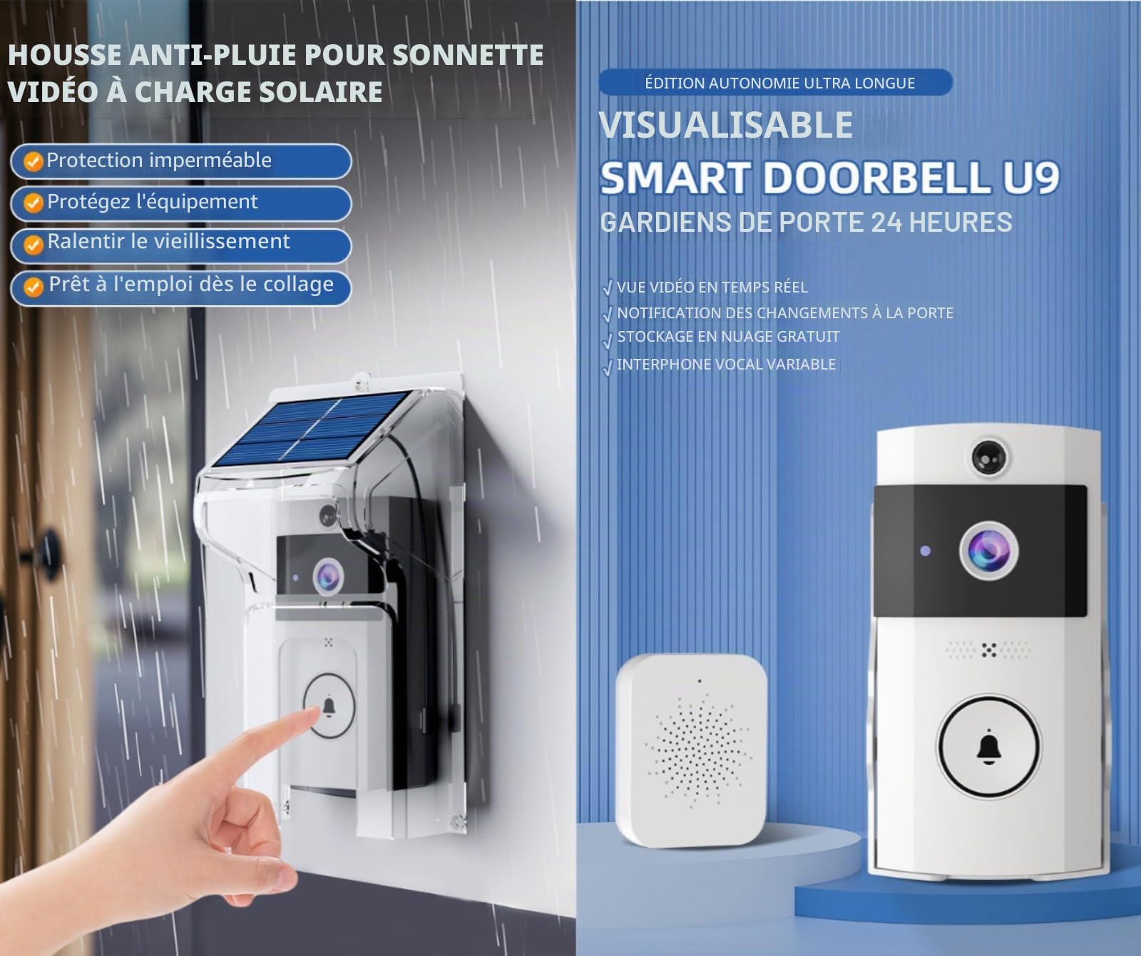 Sonnette vidéo solaire sans fil avec vision nocturne, changeur de voix bidirectionnel, détection de mouvement PIR et batterie de 3 mois – Résistant aux intempéries, installation sans perçage