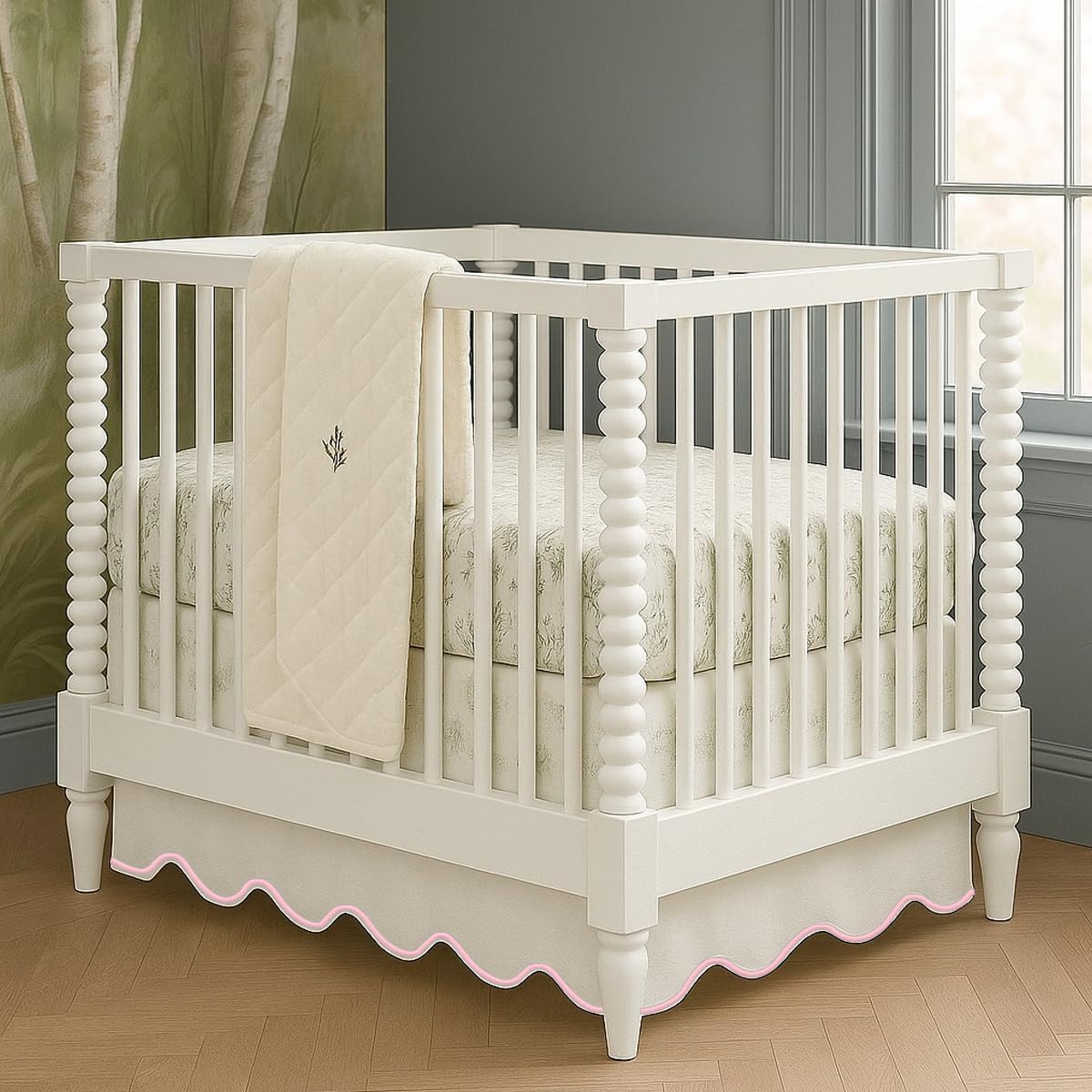 White 100% Cotton Sateen Crib skirt 28""X52""+15"" Drop scalloped Embroidery with split corners ; 4-sided skirt fits around The entire crib Pink Scalloped