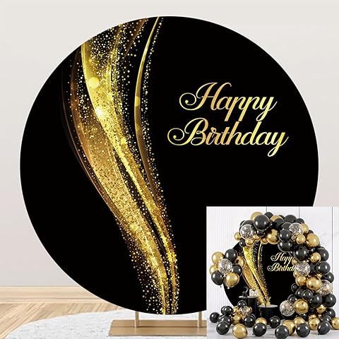 Polyester Diameter 6.5ft Round Happy Birthday Black Gold Backdrop Gold Curves Glitt...
