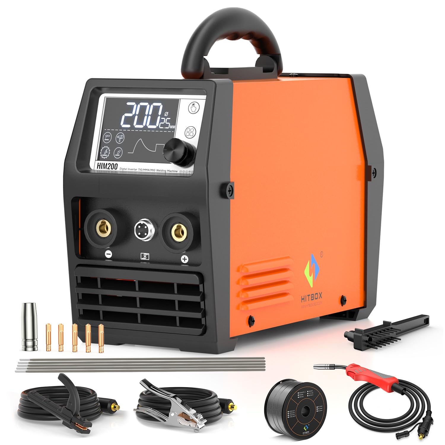140A MIG Welder 110V/220V, Flux Core Welder/Stick ARC/Lift Tig/Spool Gun 4 in 1 Gasless Mig Welding Machine with LCD Display Synergy Dual Voltage IGBT Inverter Welder (HIM200)