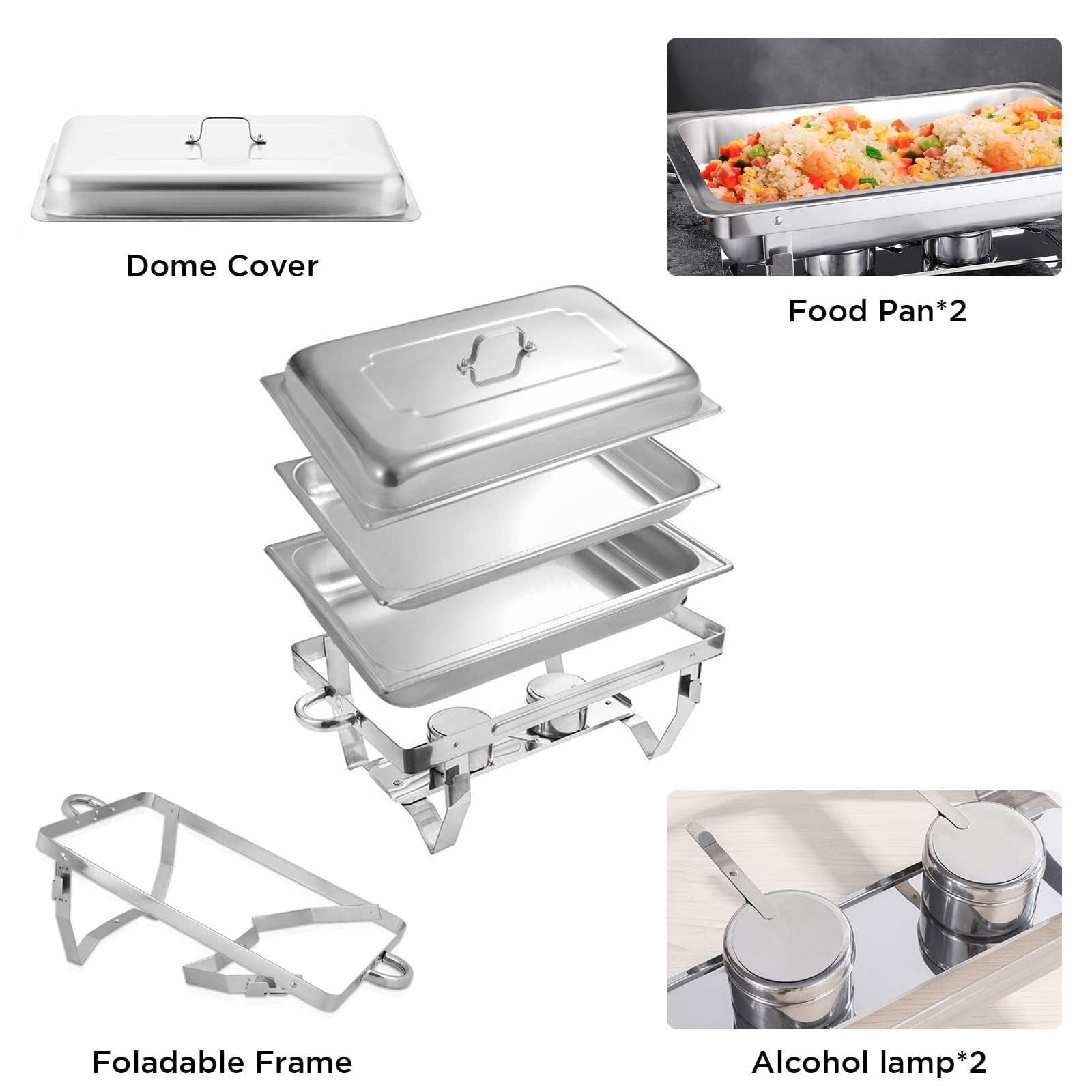 Paquete de 4 platos de acero inoxidable de 8 cuartos de galón, plegables, rectangulares, bandeja de alimentos, soporte de combustible y tapa, calentadores de alimentos para fiestas, banquetes,