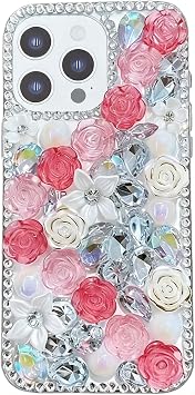 Compatible with iPhone 15 Pro Case, Pink Rose, Luxury Rhinestone, Sparkling, Transparent, Clear TPU Soft Case, Stylish, Cute, Simple, Jewel-like, iPhone 15 Pro Smartphone Cover for iPhone 15 Pro, 2