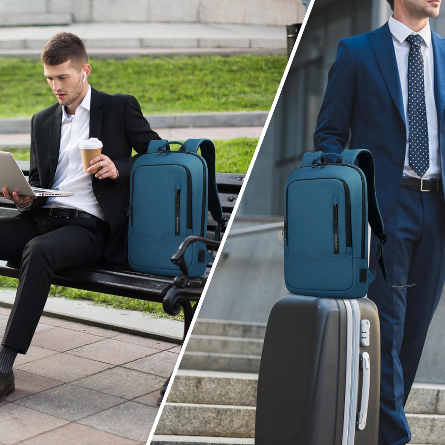 hk Backpack for Men Business Slim Backpack with USB Charger Computer Lightweight Anti-theft Travel (Dark Blue, 15.6 Inch) - Image 7