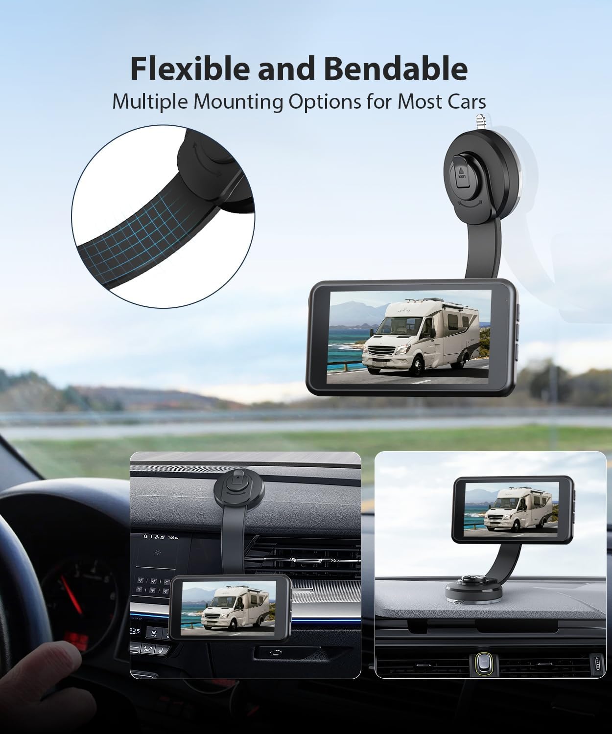 Images demonstrating the flexible and bendable suction cup mount for the monitor, showing it mounted on a dashboard and a side window, providing multiple mounting options.