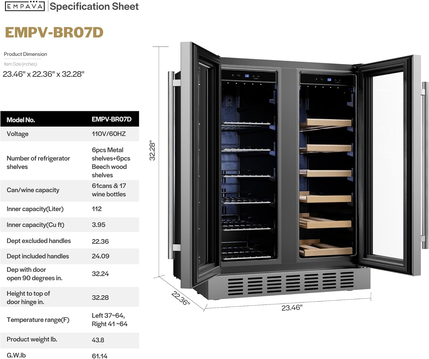 Empava 24 inch Dual Zone Beverage and Wine Cooler Refrigerator with Glass Door, Freestanding Drink Fridge with LED Light, Touch Control, 61 Cans Plus 17 Bottles Capacity