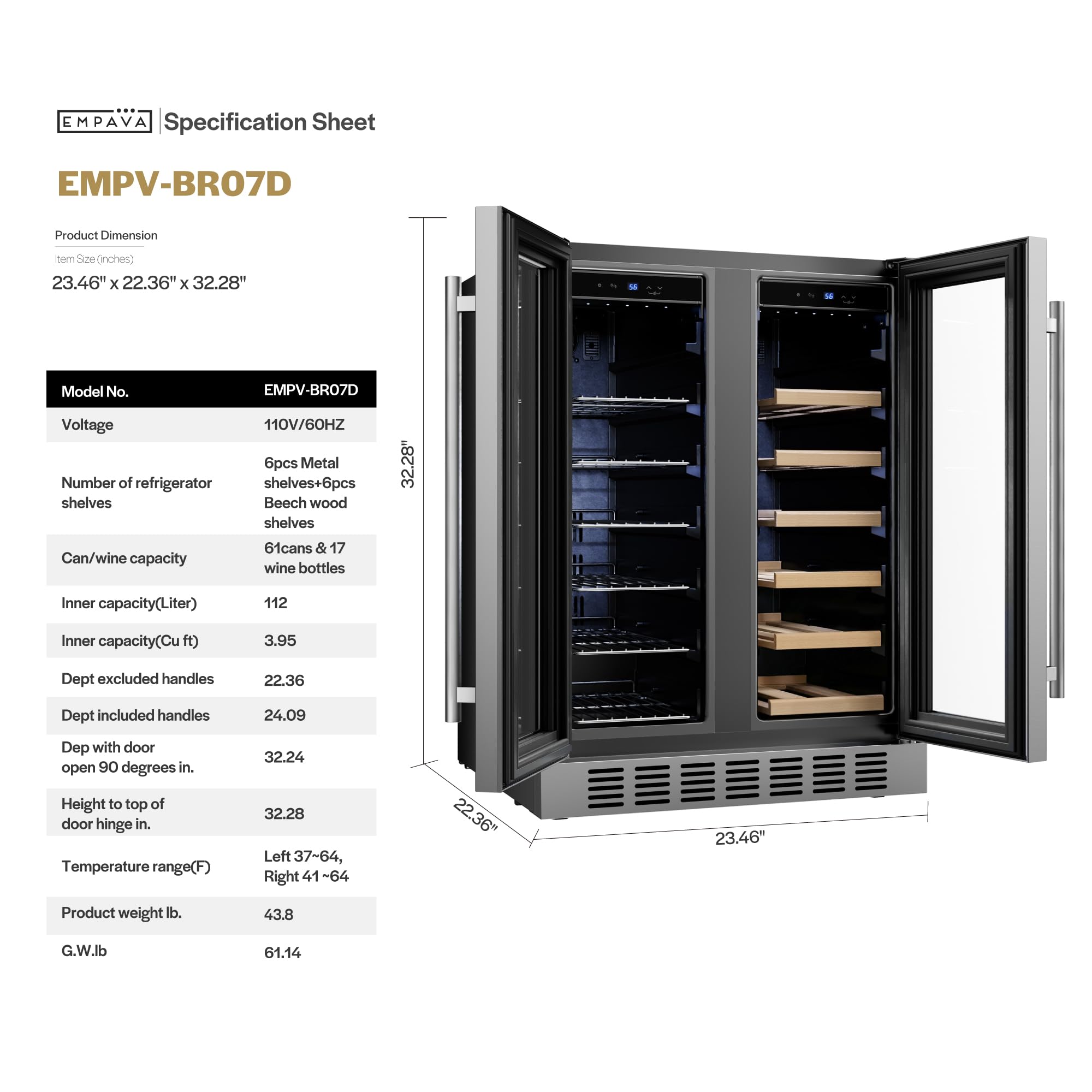 Empava 24 Inch Dual Zone Beverage And Wine Cooler Refrigerator With Glass Door, Freestanding Drink Fridge With LED Light, Touch Control, 61 Cans Plus 17 Bottles Capacity on Fridge.com - View 2