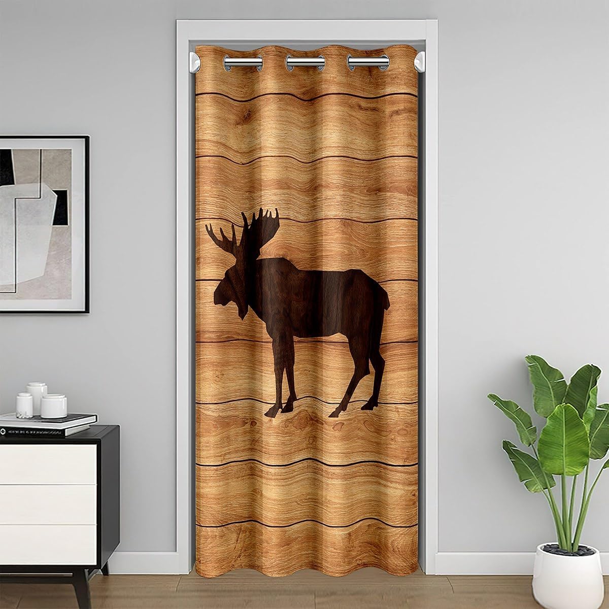 Wooden Moose Door Curtain,Lodge Cabin Wild Animal Silhouette Door Drape for Bedroom Privacy,30%-50% Room Darkening Blackout Curtain for Bedroom,1 Panel 34" W X 80" L