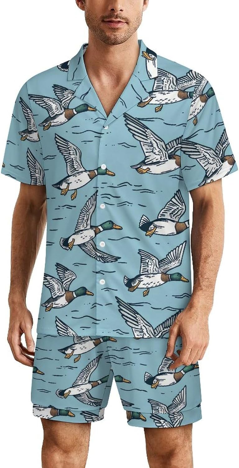 Flying Mallard Ducks Men's Short Sleeve Pajama Set Satin Silk Like Lounge Sleepwear