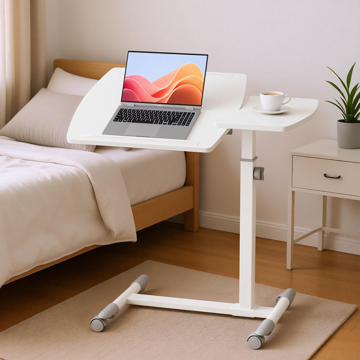 COMHOMA Overbed Bedside Table with Wheels, Tiltable Hospital Bed Table Over The Bed, Adjustable Mobile Standing Desk Rolling Laptop Desk for Hospital and Home Use, White