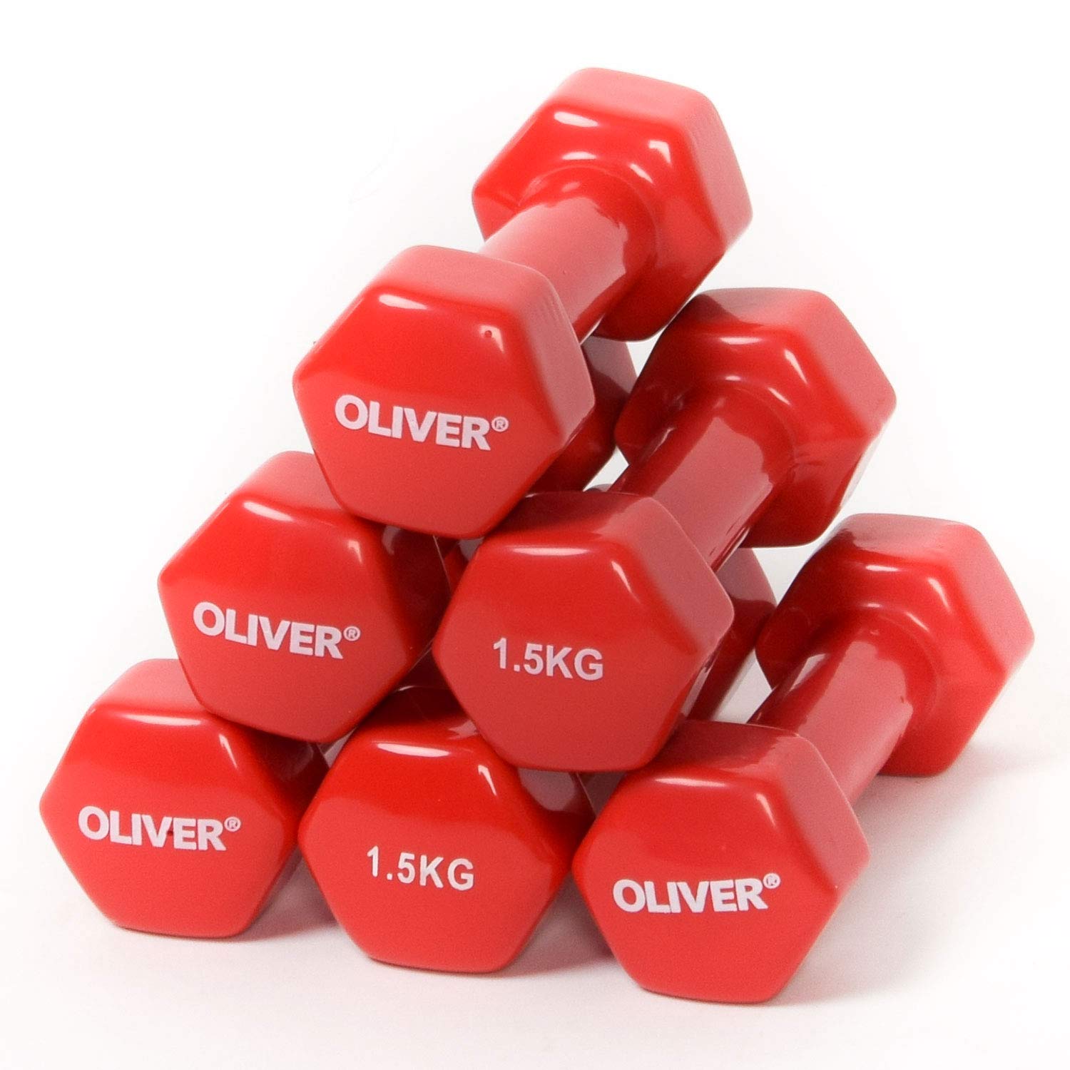 Oliver - Coppia di Manubri in Vinile per Allenamento della Forza, da 1,5 kg, Colore Rosso, 3 Paia