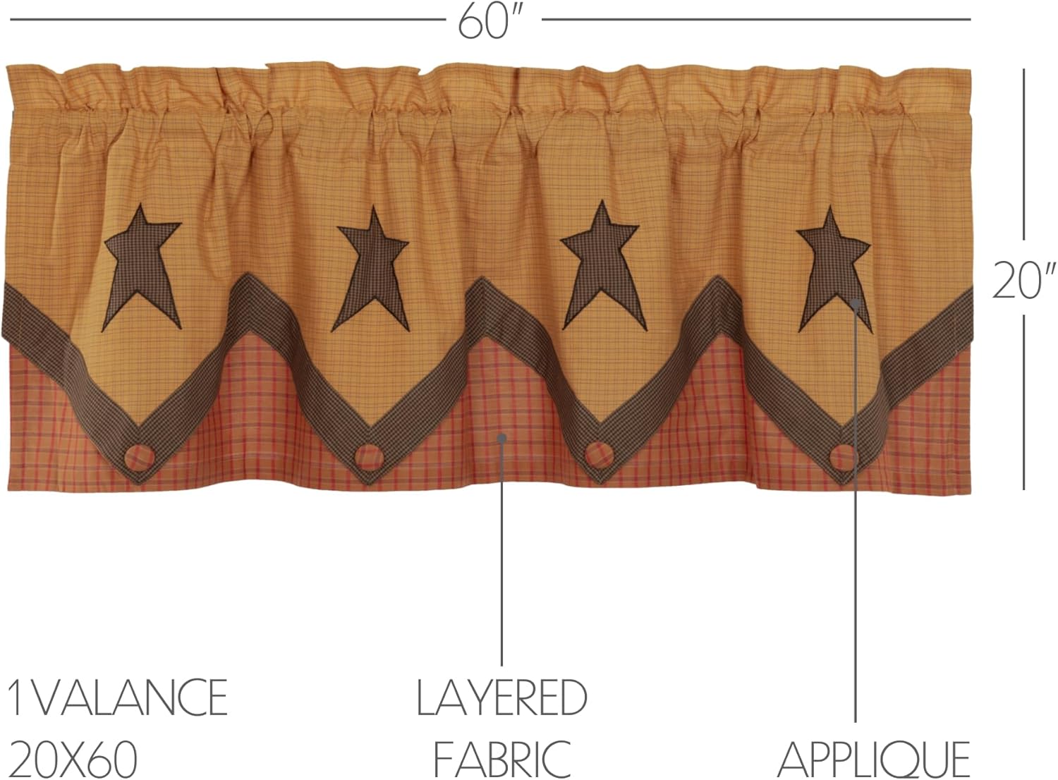 VHC Brands Stratton Primitive Star Layered Valance 20x60 Country Curtain, Tan