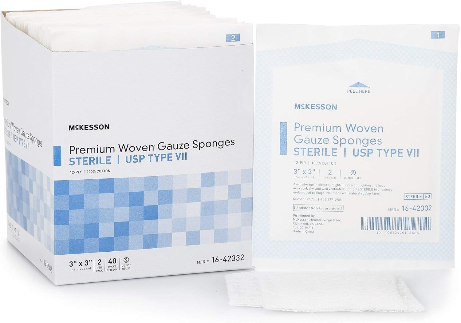 McKesson Premium Woven Gauze Sponges, Sterile, 12-Ply, USP Type VII, 100% Cotton, 3 in x 3 in, 2 per Pack (3"x3", 2400, Count)