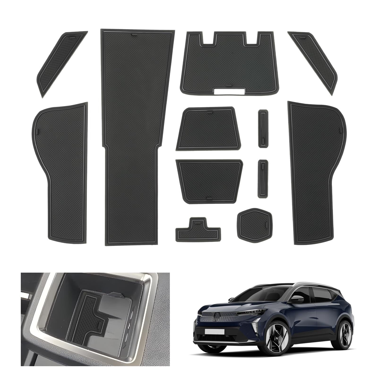 SHAOHAO Set Di Tappetini In Gomma Per Interni Auto Compatibili Con Renault Scenic E-tech Electric 2024-2025 – Antiscivolo Per Console Centrale, Porta Oggetti E Portabicchieri (Nero)