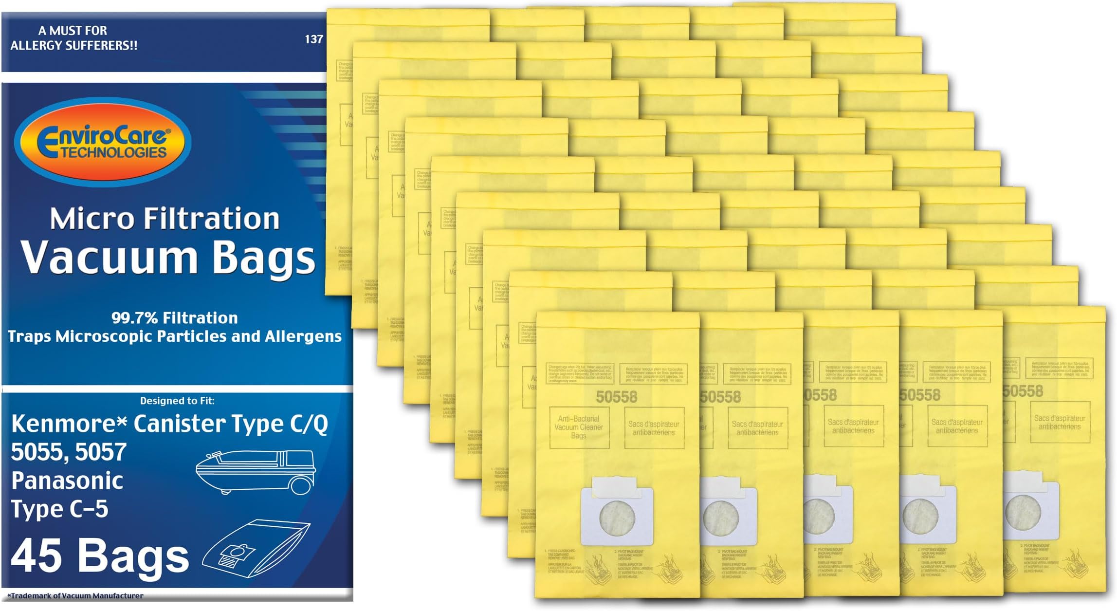 Envirocare Premium Replacement Multi-layer Micro Filtration Vacuum Bags Compatible with Kenmore Canister Vacuums Type C/Q. 5055, 50557 and 50558 Panasonic Type C-5, 45 pack
