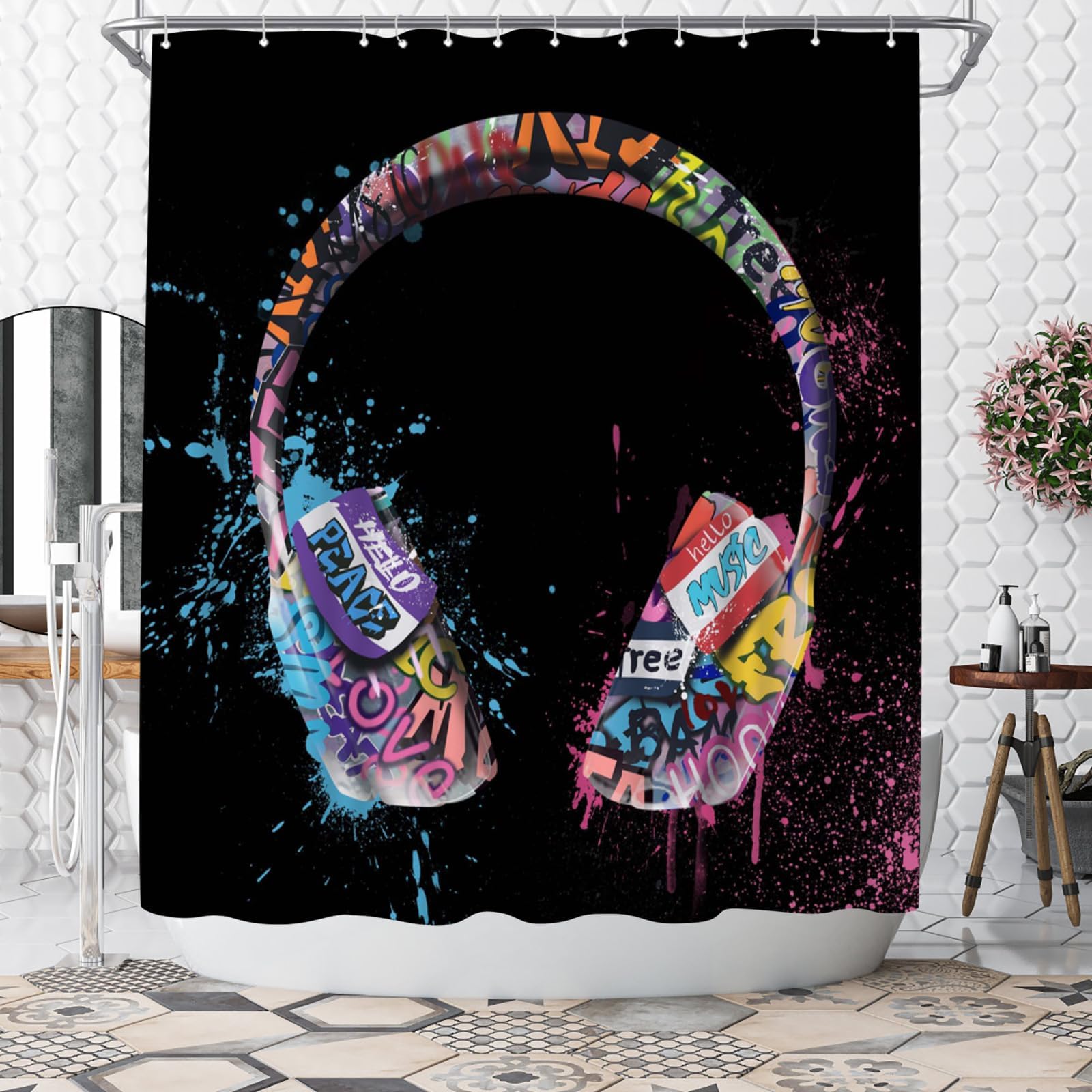 WELMECO Music Shower Curtain Graffiti DJ Music Headphone Boys Shower Curtain 72x72inch Polyester Fabric Bathroom Decor