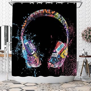 WELMECO Music Shower Curtain Graffiti DJ Music Headphone Boys Shower Curtain 72x72inch Polyester Fabric Bathroom Decor - Buy now