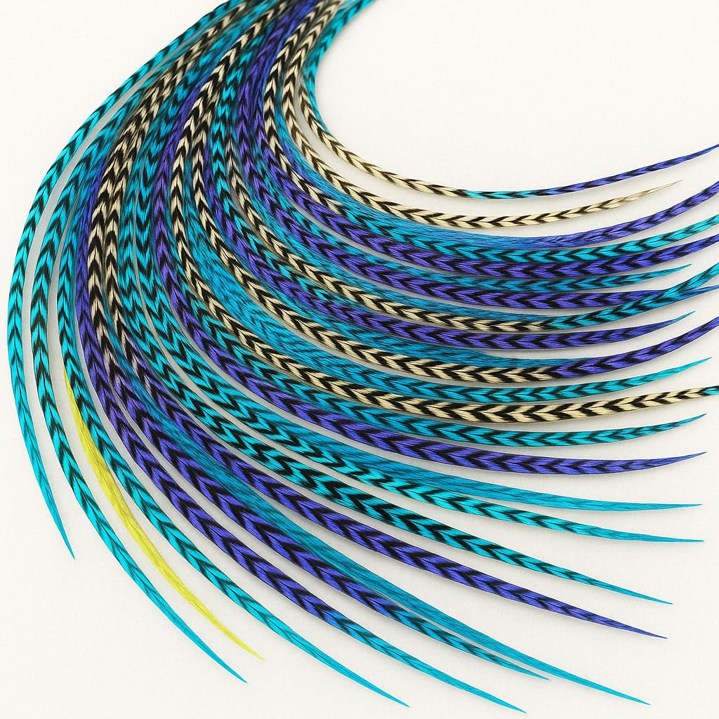 25 Feather Hair Extension Kit 7"-13" long – 100% Real Rooster Feathers – Long, Natural Strands by Sexy Sparkles (Purple, Blue, Aqua, Grizzly)